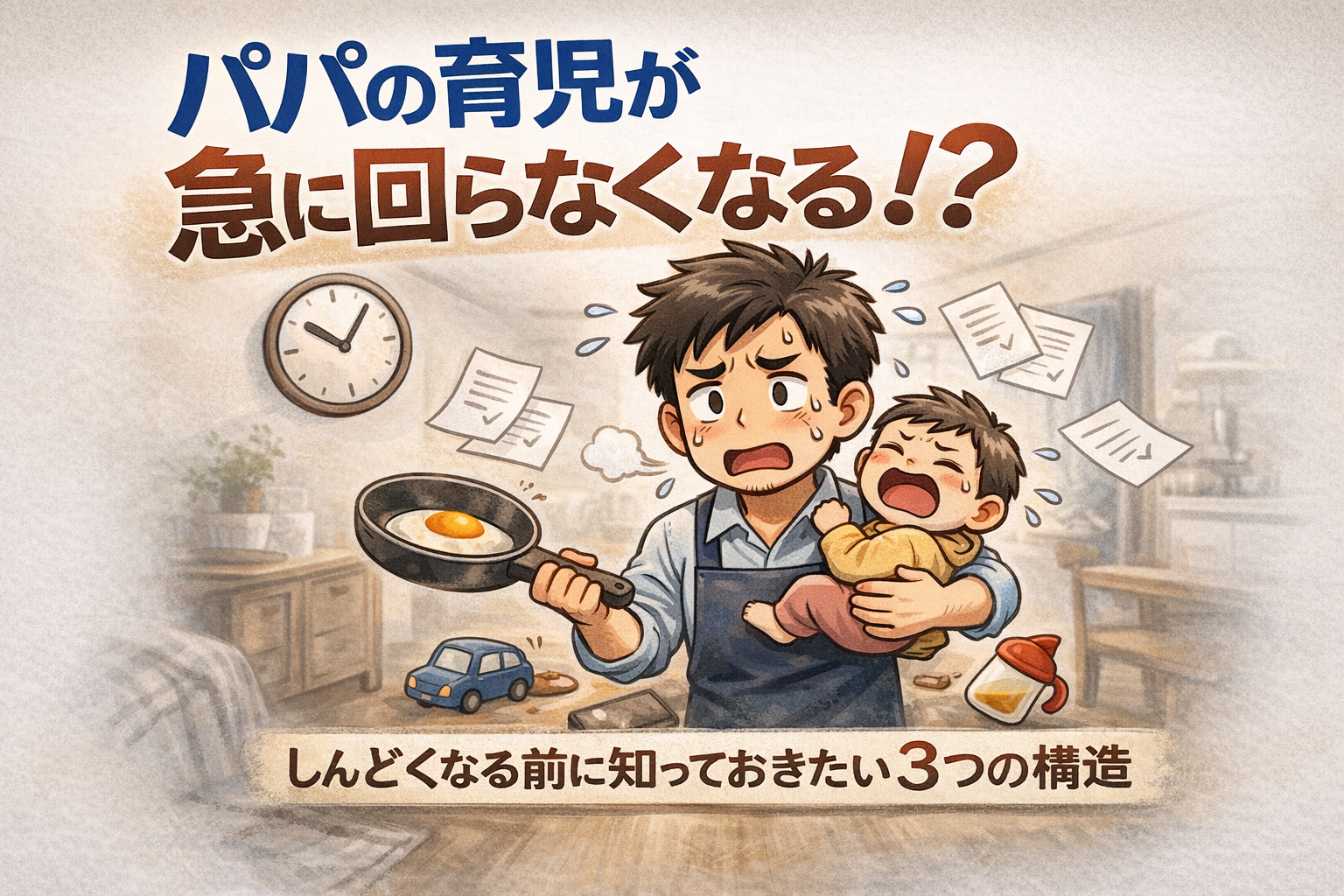 育児が急に回らなくなる構造について考えるパパのイラスト