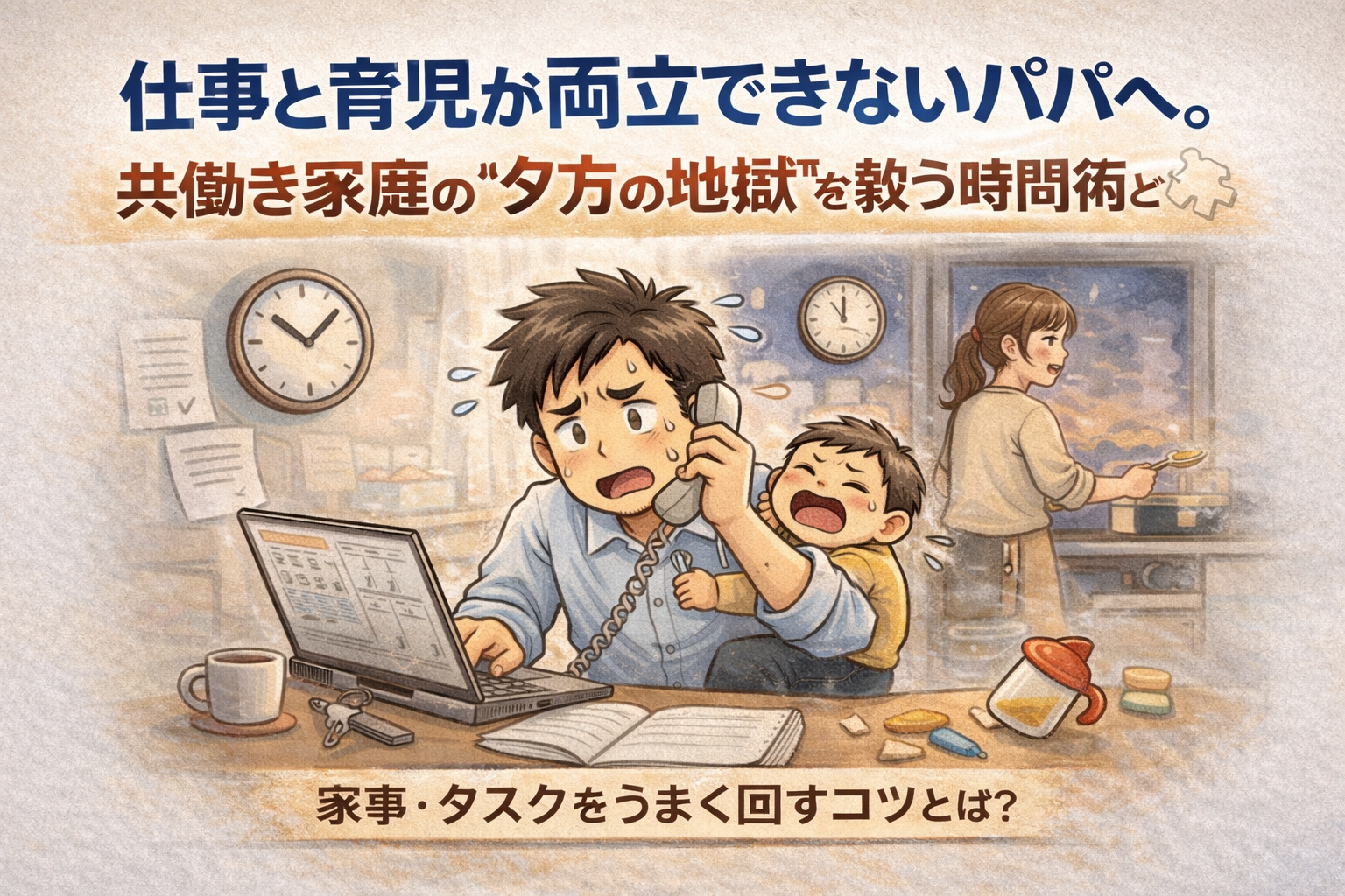 共働き家庭の夕方の時間帯に家事育児に向き合うパパのイラスト