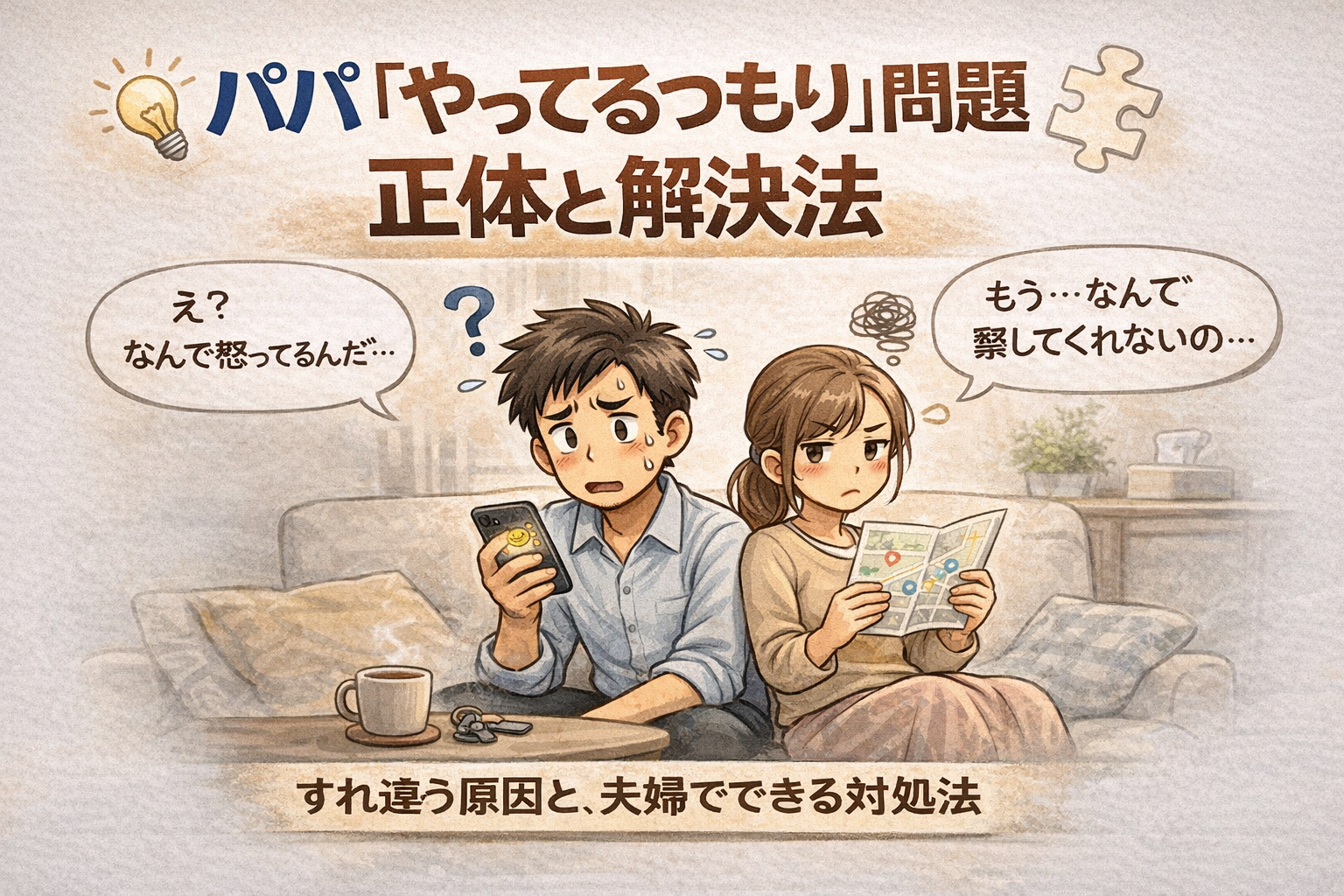 パパとママが家事育児の見え方の違いを感じているイラスト