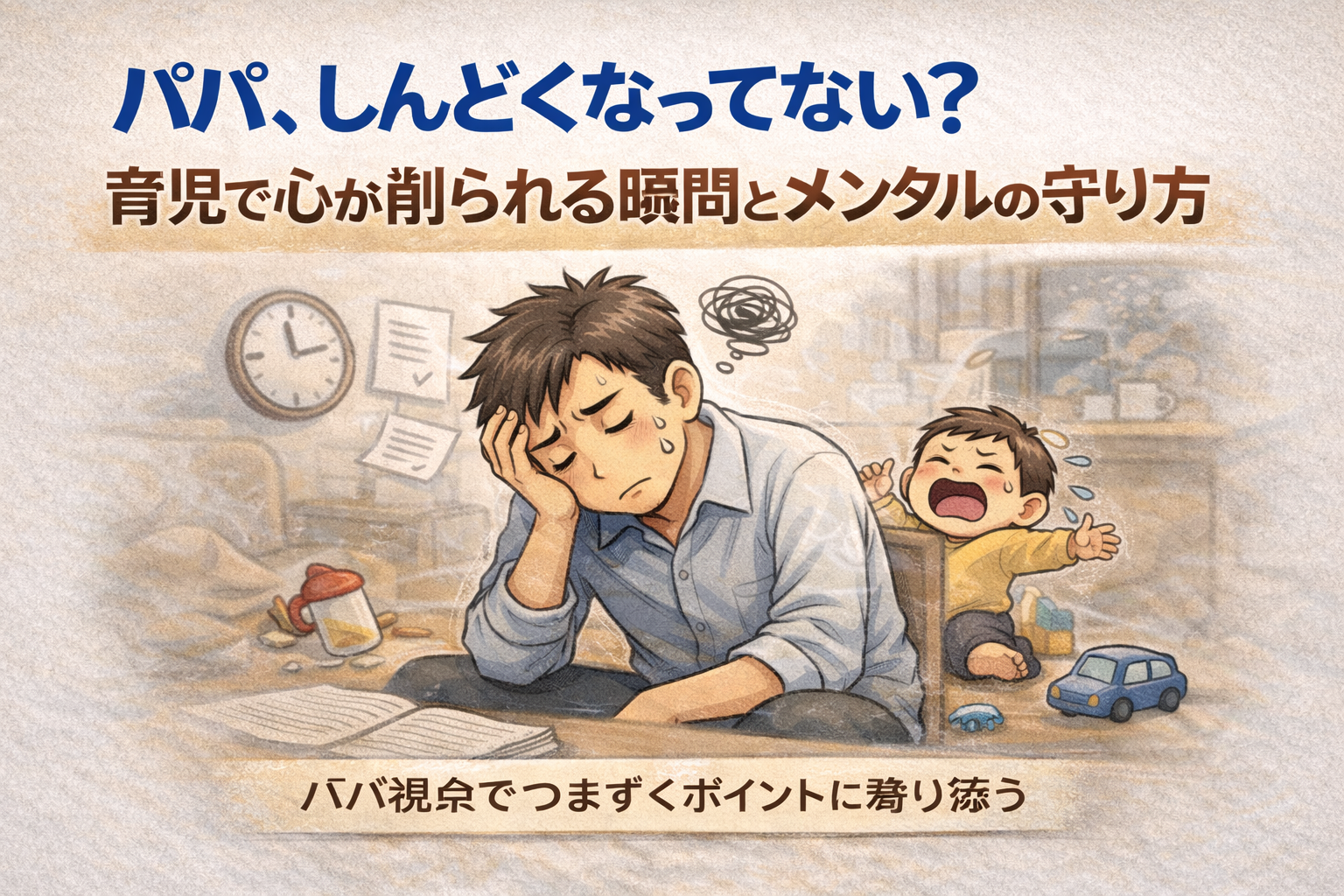 育児で心がしんどくなるパパの気持ちをやさしく描いたイラスト