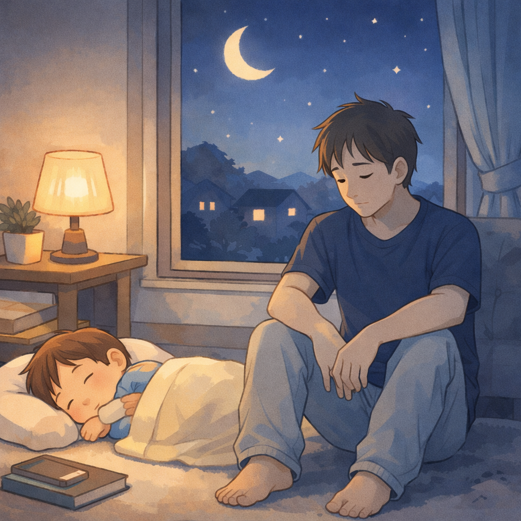 育児がしんどい夜、答えを出そうとせず静かに過ごすパパのイラスト