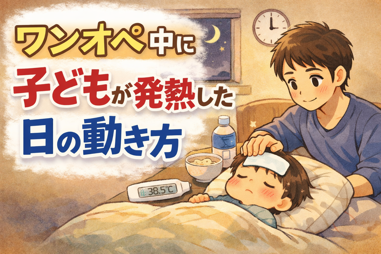 ワンオペ育児中に子どもが発熱し、夜にパパがそばで看病している様子のイラスト。イオ