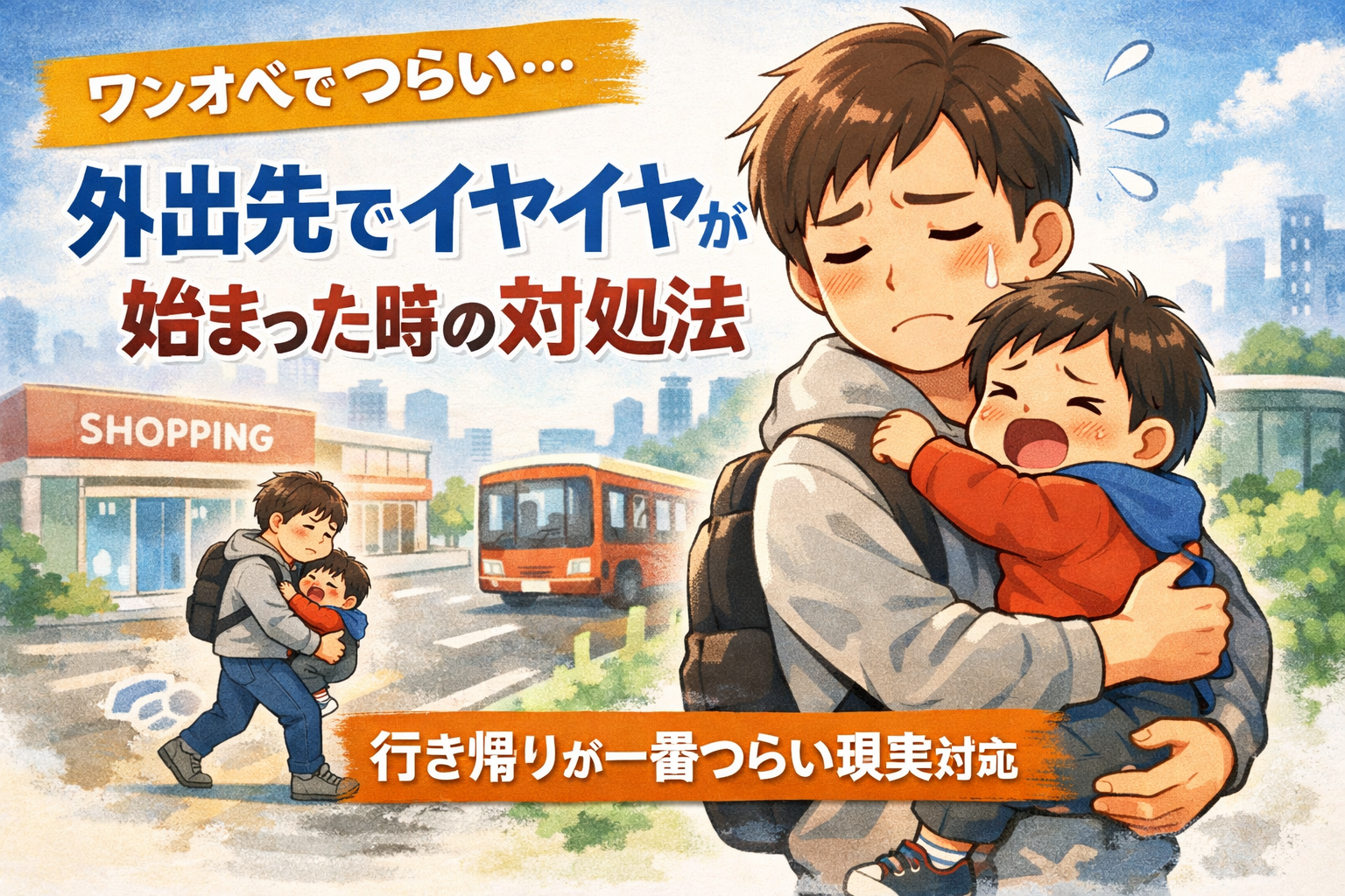 ワンオペで外出中、行き帰りの道中で抱っこを求めて泣く子どもを抱えるパパのイラスト。外出先でイヤイヤが始まり、移動が一番大変な様子を描いている。