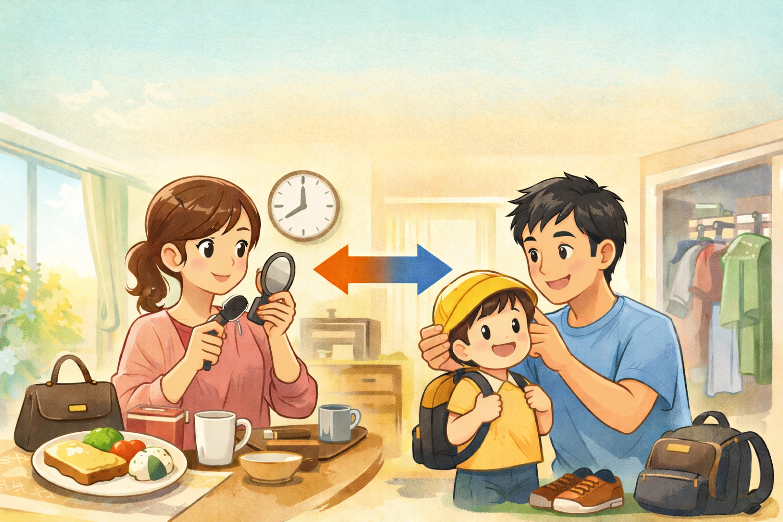 朝の室内で、パパが子どもの身支度を手伝い、ママが出勤準備をしている様子のイラスト。夫婦で役割分担しながら朝の時間を乗り切る家庭の場面を表している。
