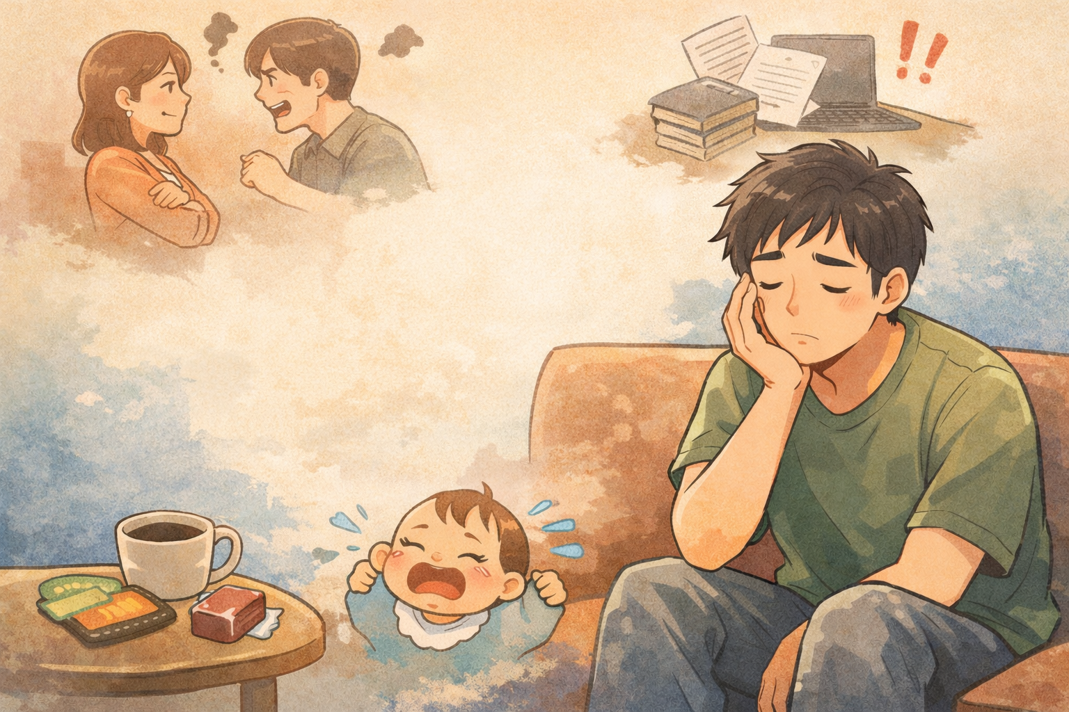 育児や仕事が重なり疲れた様子のパパと、泣いている子どもの日常を描いたイラスト